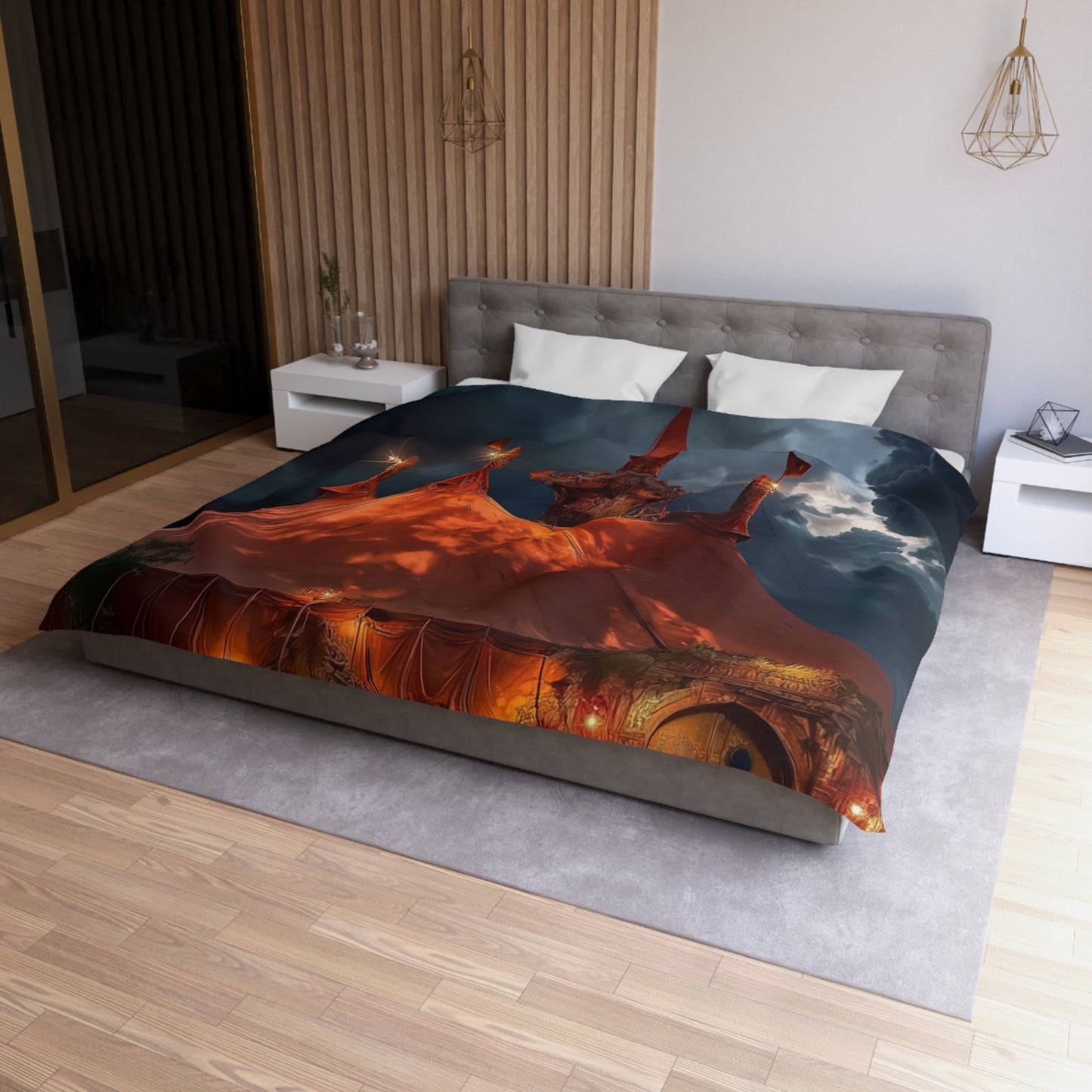 Crimson Carnival Tent Duvet Cover – City Lights Under Stormy Skies