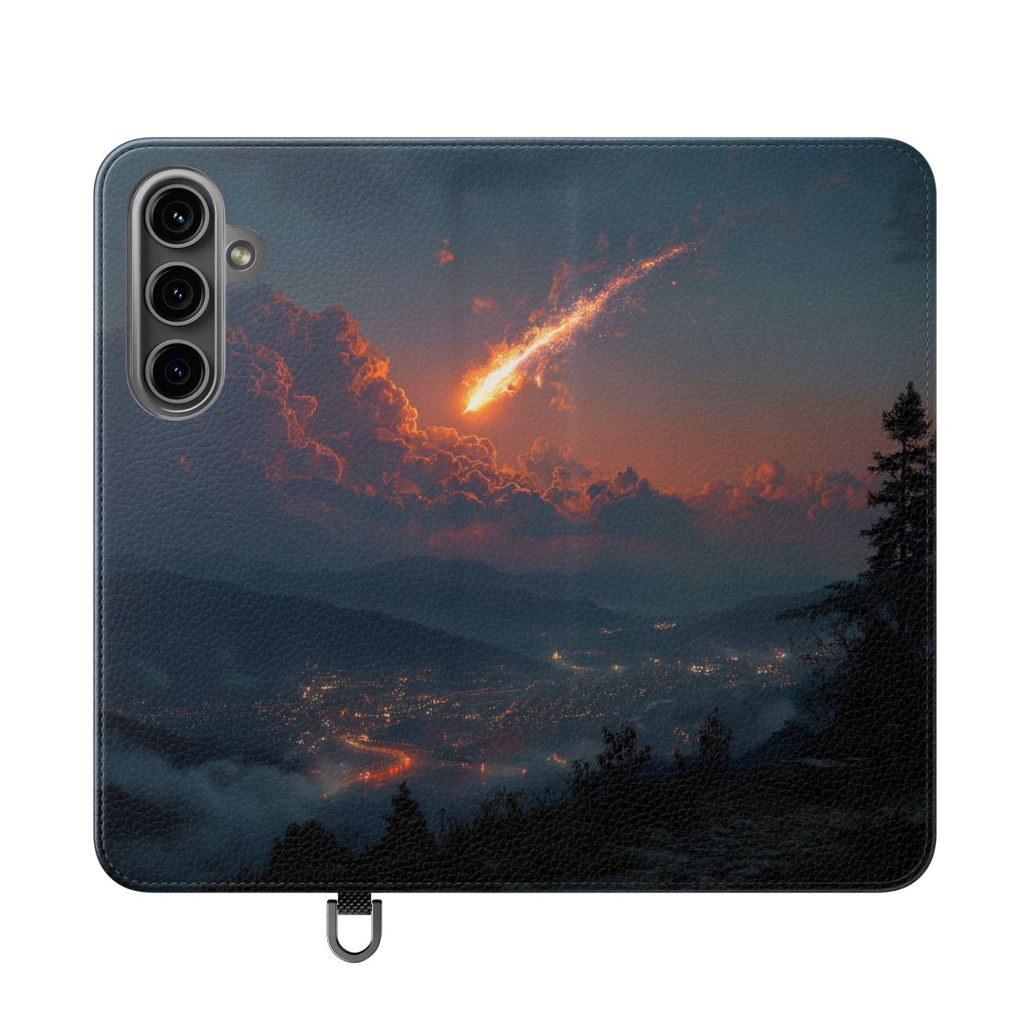 Meteor Over Valley Flip Cases – Crimson Sky Sentinel Cover