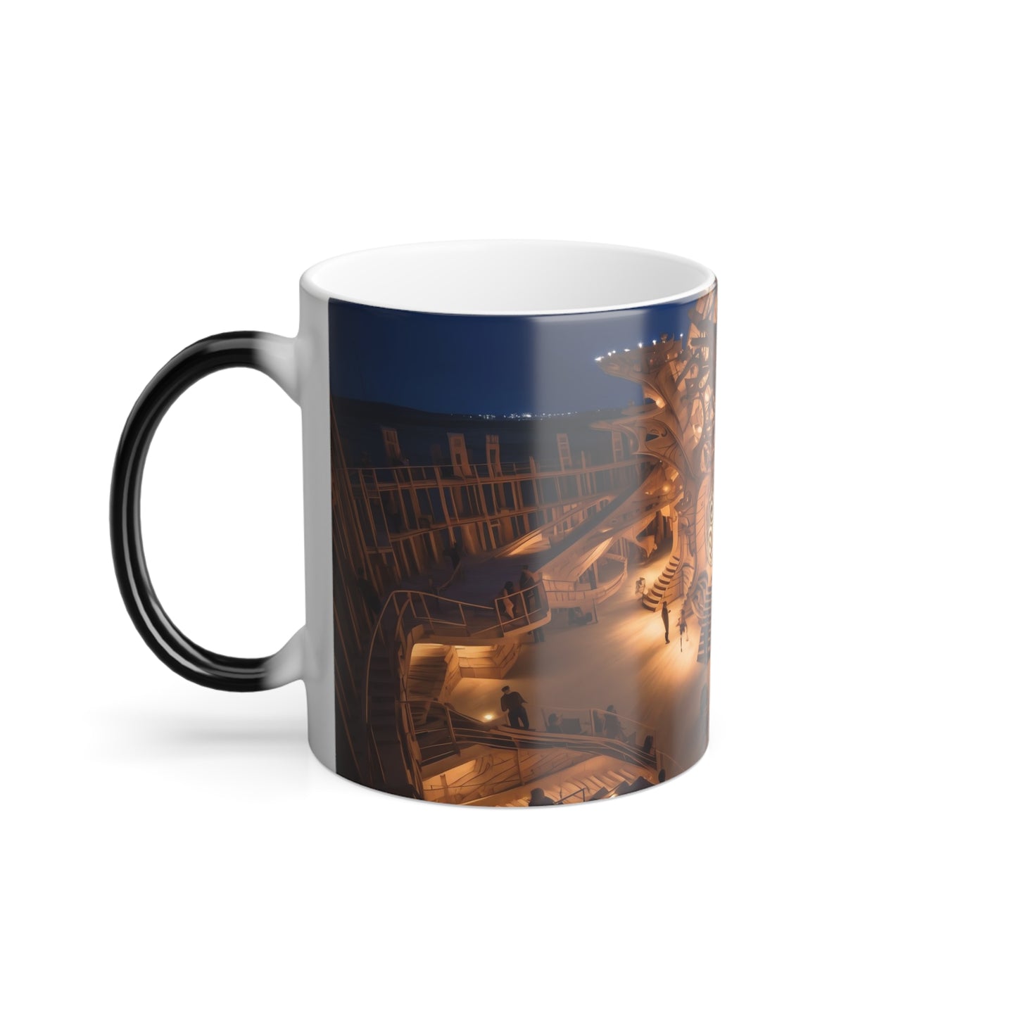 A colossal wooden and metal structure resembling a labyrinth at the Burning Man festival,  -  Color Morphing Mug, 11oz