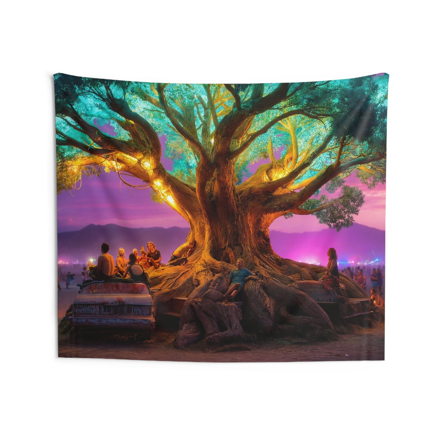 Celestial Tree of Light Indoor Wall Tapestries – Twilight Gathering Under Neon Canopy