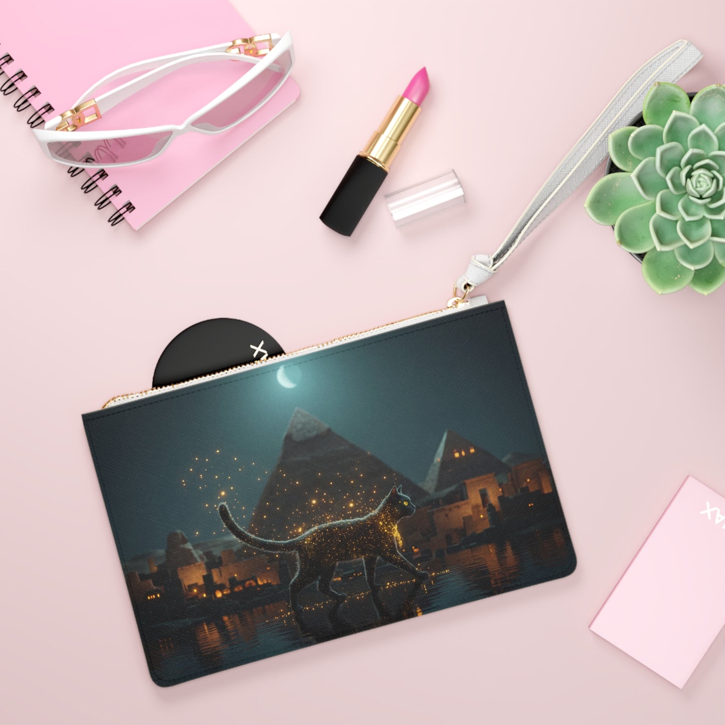 Celestial Cat Clutch Bag – Moonlit Pyramids & Whispering Sparks
