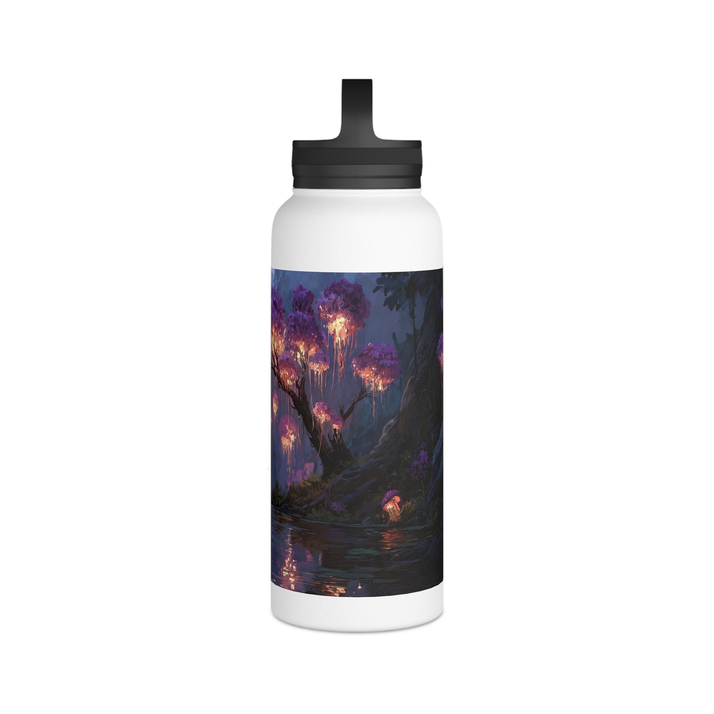 Bioluminescent Grove Stainless Steel Water Bottle, Handle Lid – Twilight’s Whispering Waterscape