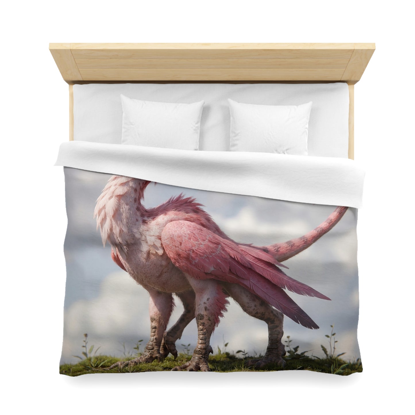 Pink Dawn Sentinel Microfiber Duvet Cover – Soft Feathers Against Sky Reflections