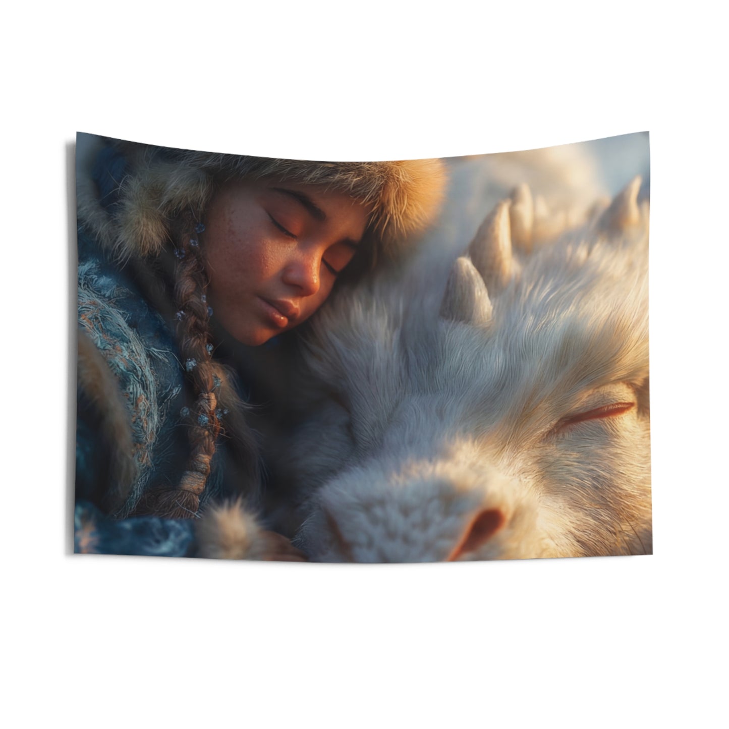 Winter’s Whisper Indoor Wall Tapestries – Child and Dragon in Frost Bloom