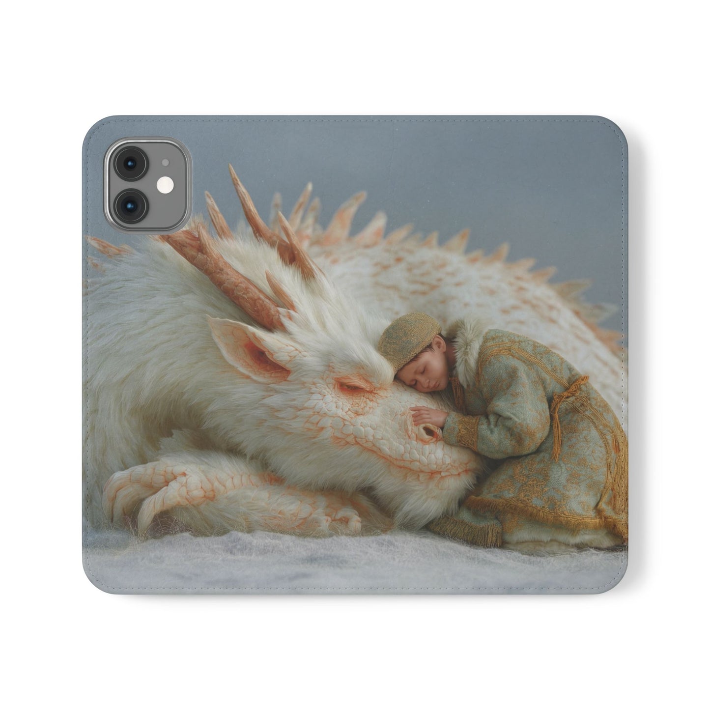 Sleeping Child and Dragon Flip Cases – Snowy Guardian Embrace