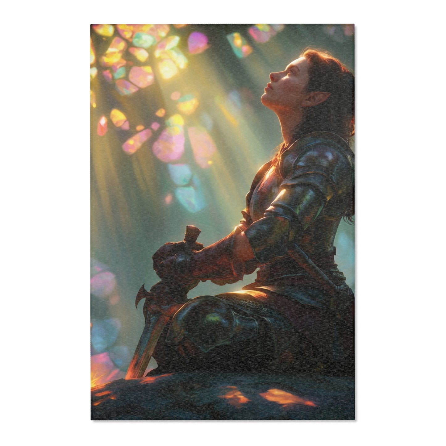Elf Knight and Dragon Companion Area Rug – Sunlit Crystal Grove Sanctuary