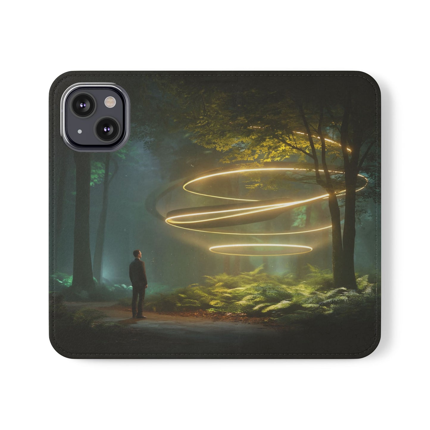 Luminous Spiral Forest Flip Cases – Golden Light Rings Mystery Scene