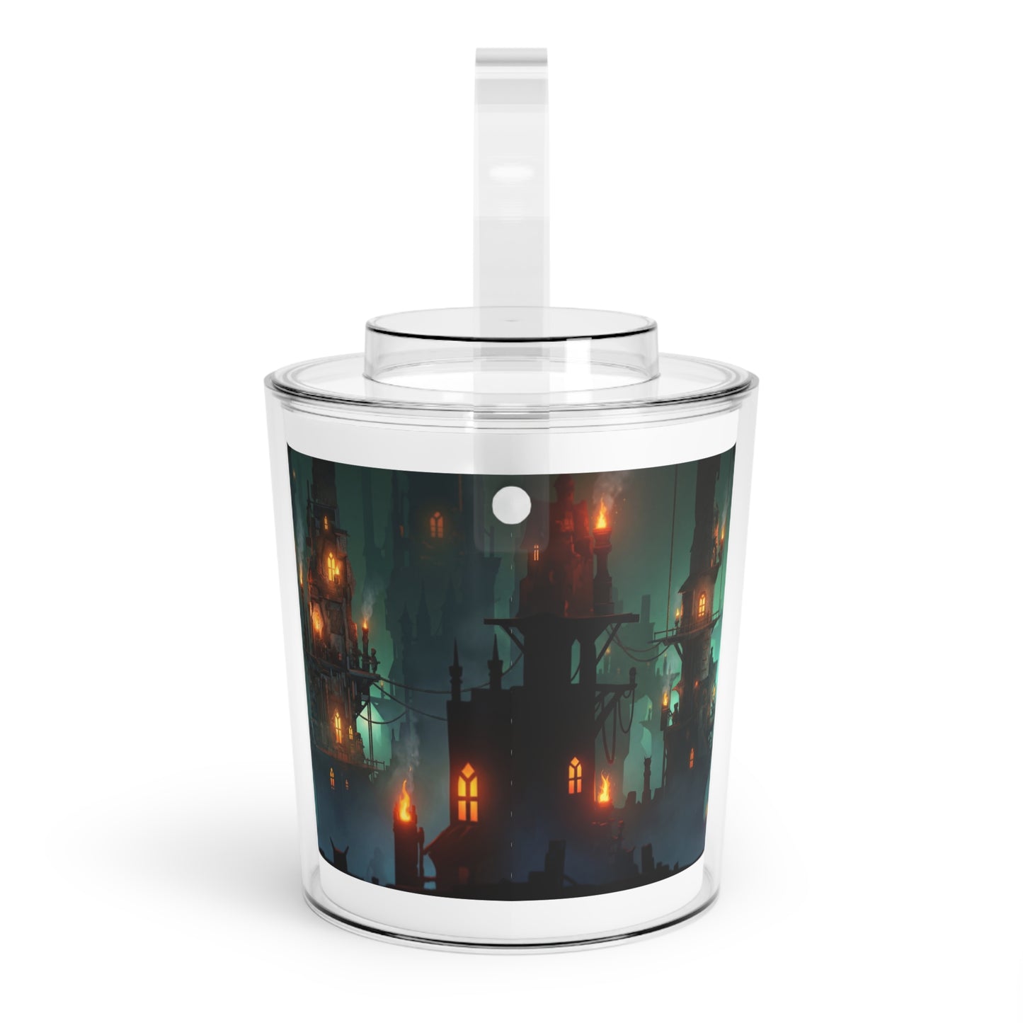 Floating City at Dusk Ice Bucket with Tongs – Amber Lights in Misty Skies