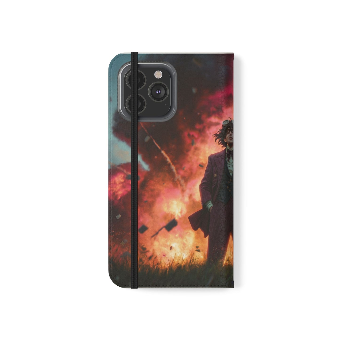 Goggles & Chaos Flip Cases – Purple Suit Amidst Fiery Explosion