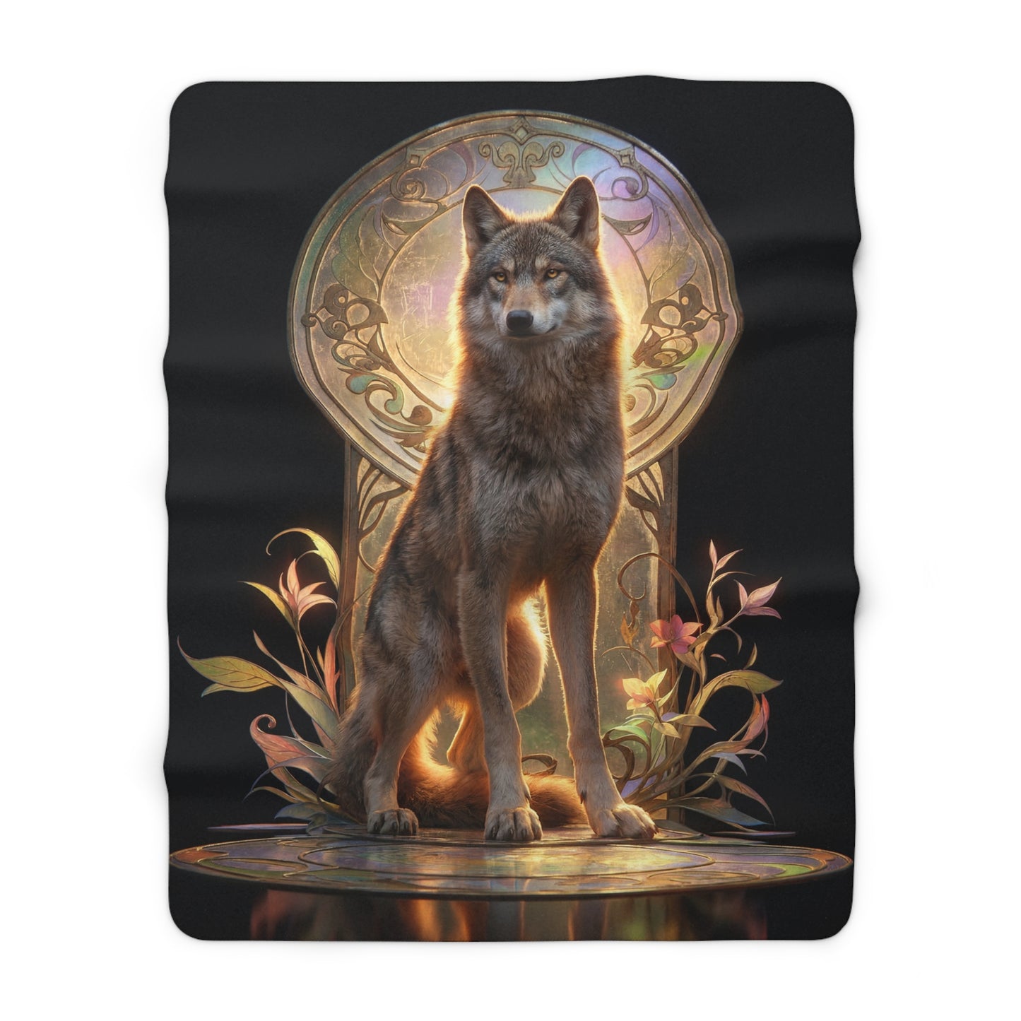 Regal Wolf Throne Sherpa Fleece Blanket – Golden Light and Art Nouveau Grace