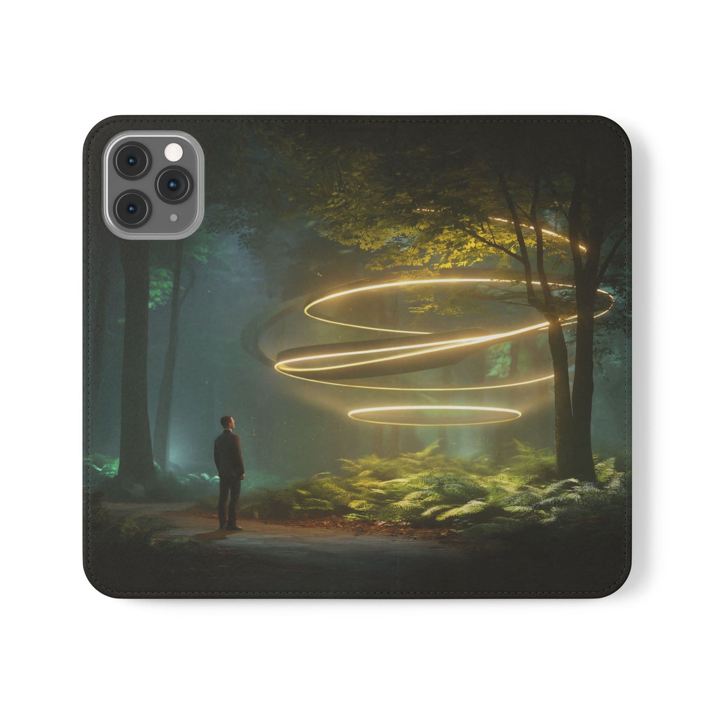 Luminous Spiral Forest Flip Cases – Golden Light Rings Mystery Scene