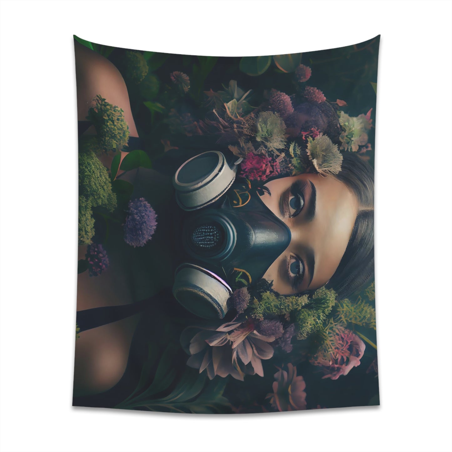 a beautiful woman wearing a gas mask filled with plants and flowers and moss - Printed Wall Tapestry