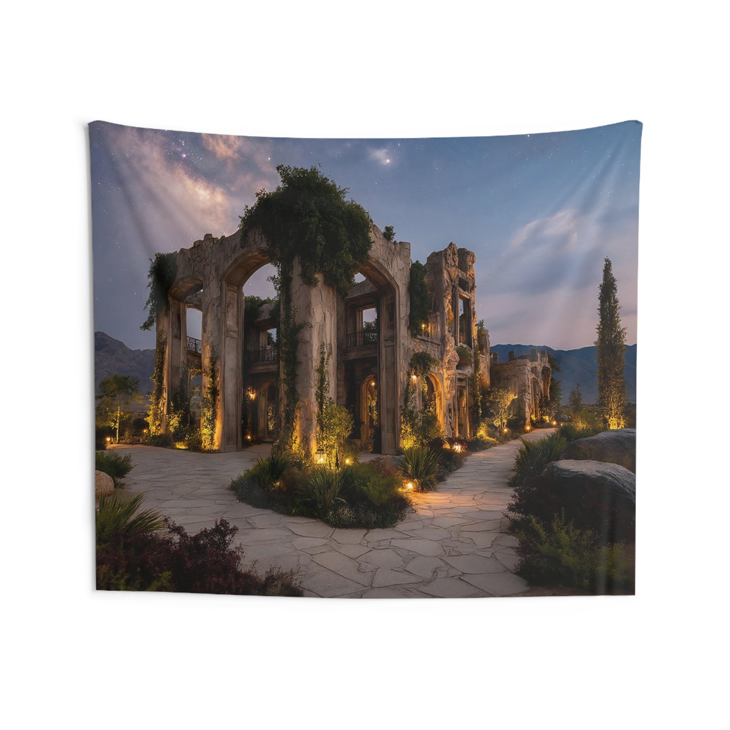 Starlit Ruins Indoor Wall Tapestries – Whispering Garden Under the Milky Way