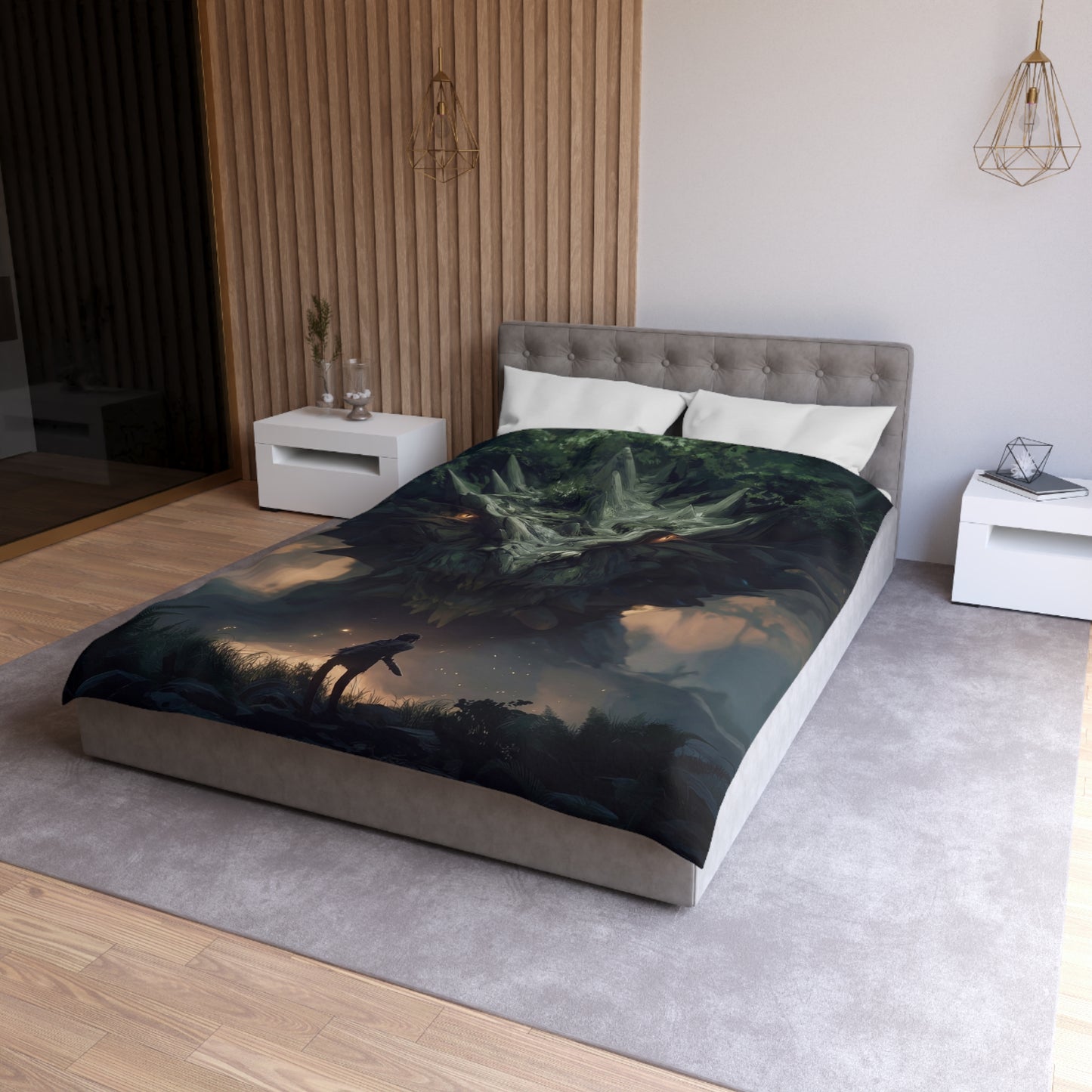 Ancient Dragon Sentinel Microfiber Duvet Cover – Forest Guardian at Dusk