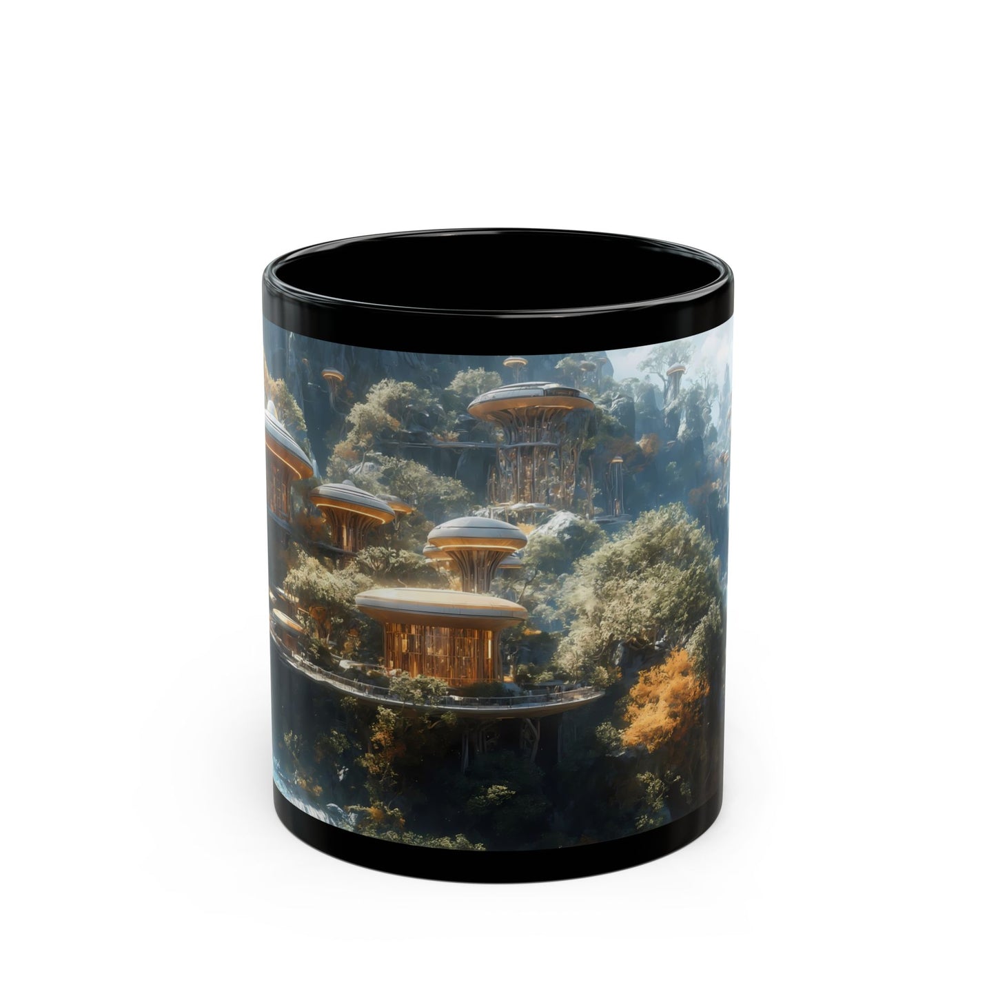 Floating Dome Village Black Mug – Sunlit Sky-Cliff Haven