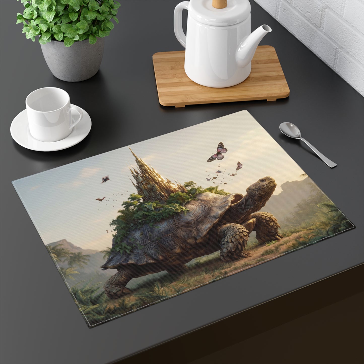 Castle on Turtle Back Placemat – Golden Spire Sanctuary Amidst Jungle Wings