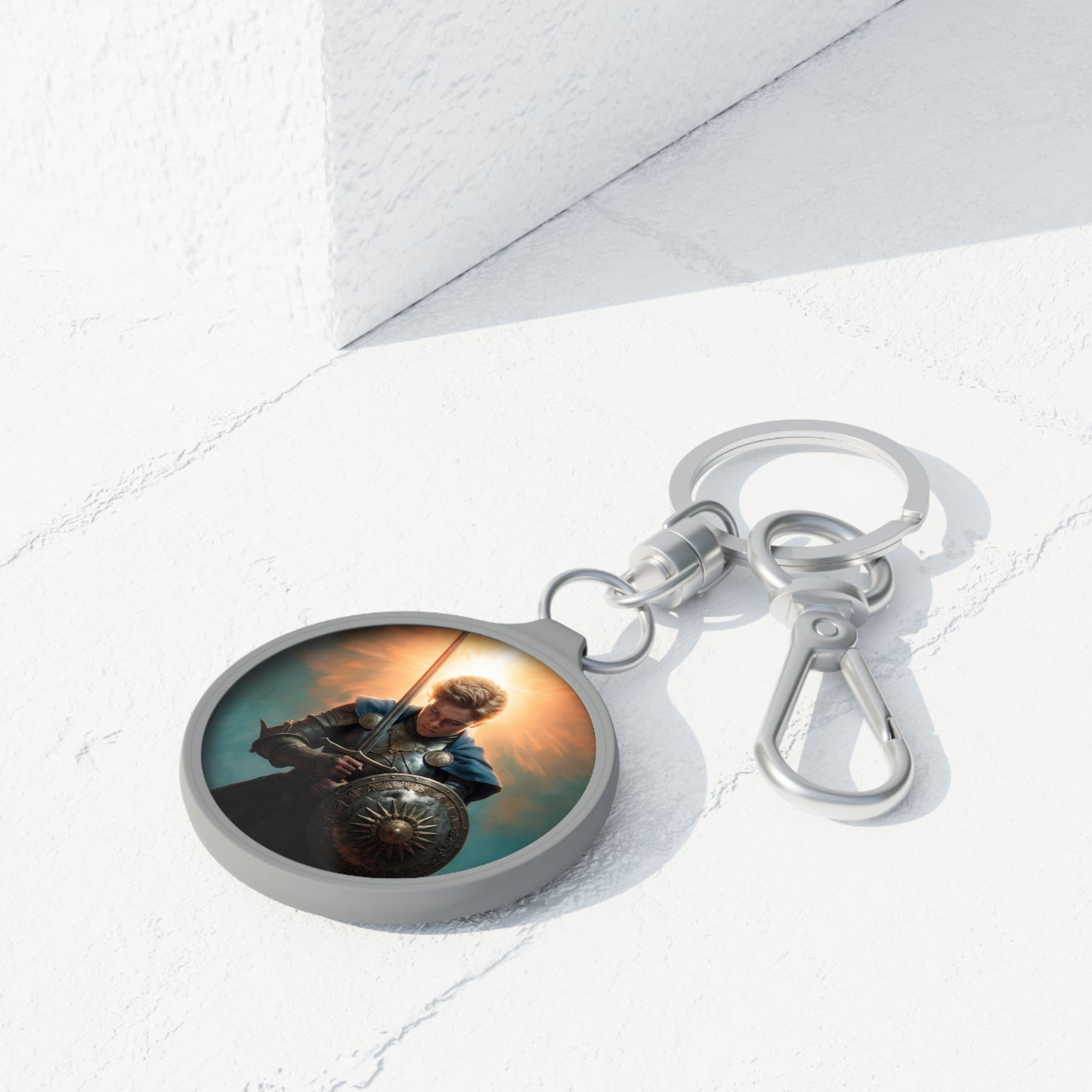 Dawn-Bringer Knight Keyring Tag – Radiant Steel and Sunburst Resolve