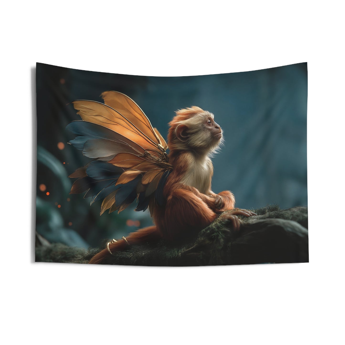 Winged Monkey Guardian Tapestry – Amber and Azure Forest Sentinel
