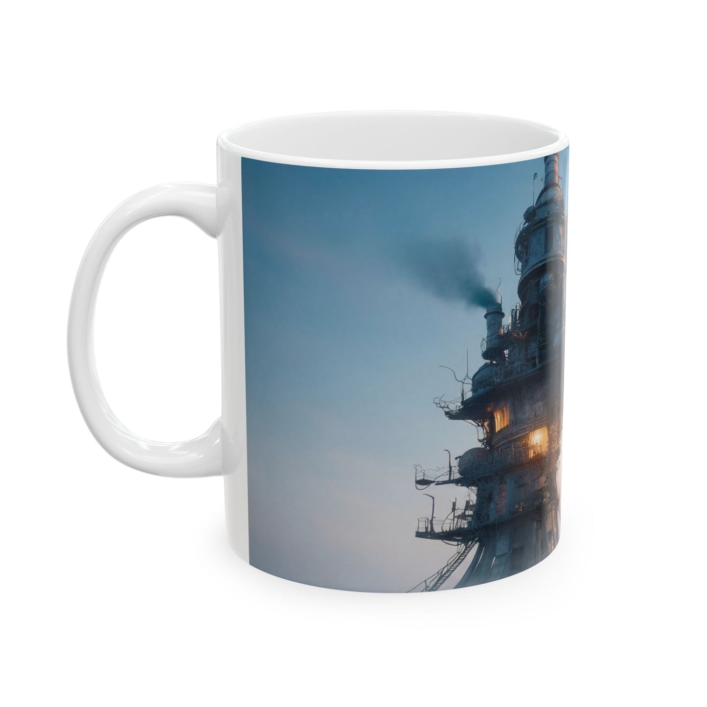 Skyward Steam Tower Ceramic Mug – Dawn’s Industrial Reverie
