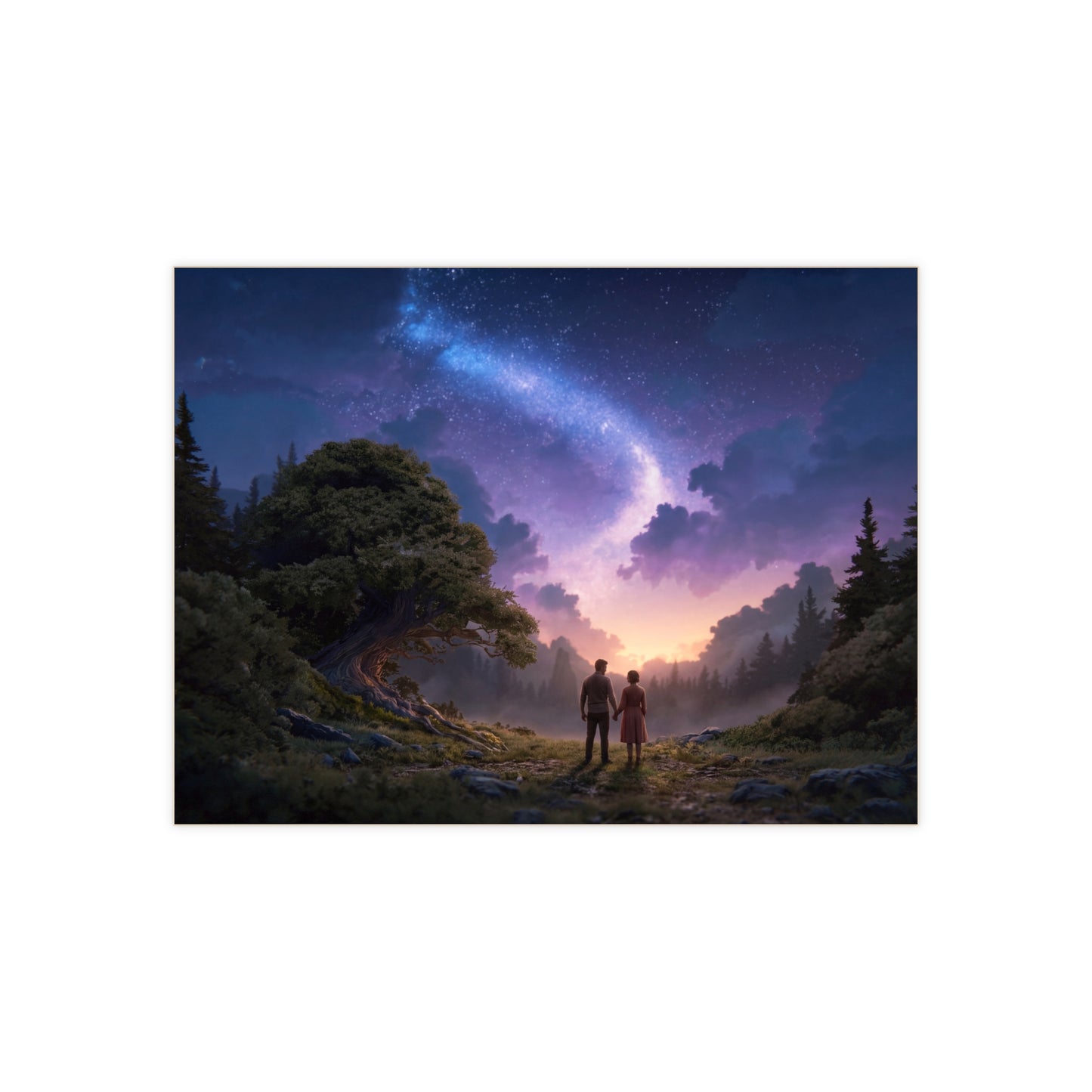 Starlit Lovers Ceramic Photo Tile – Whispering Forest Under the Milky Way