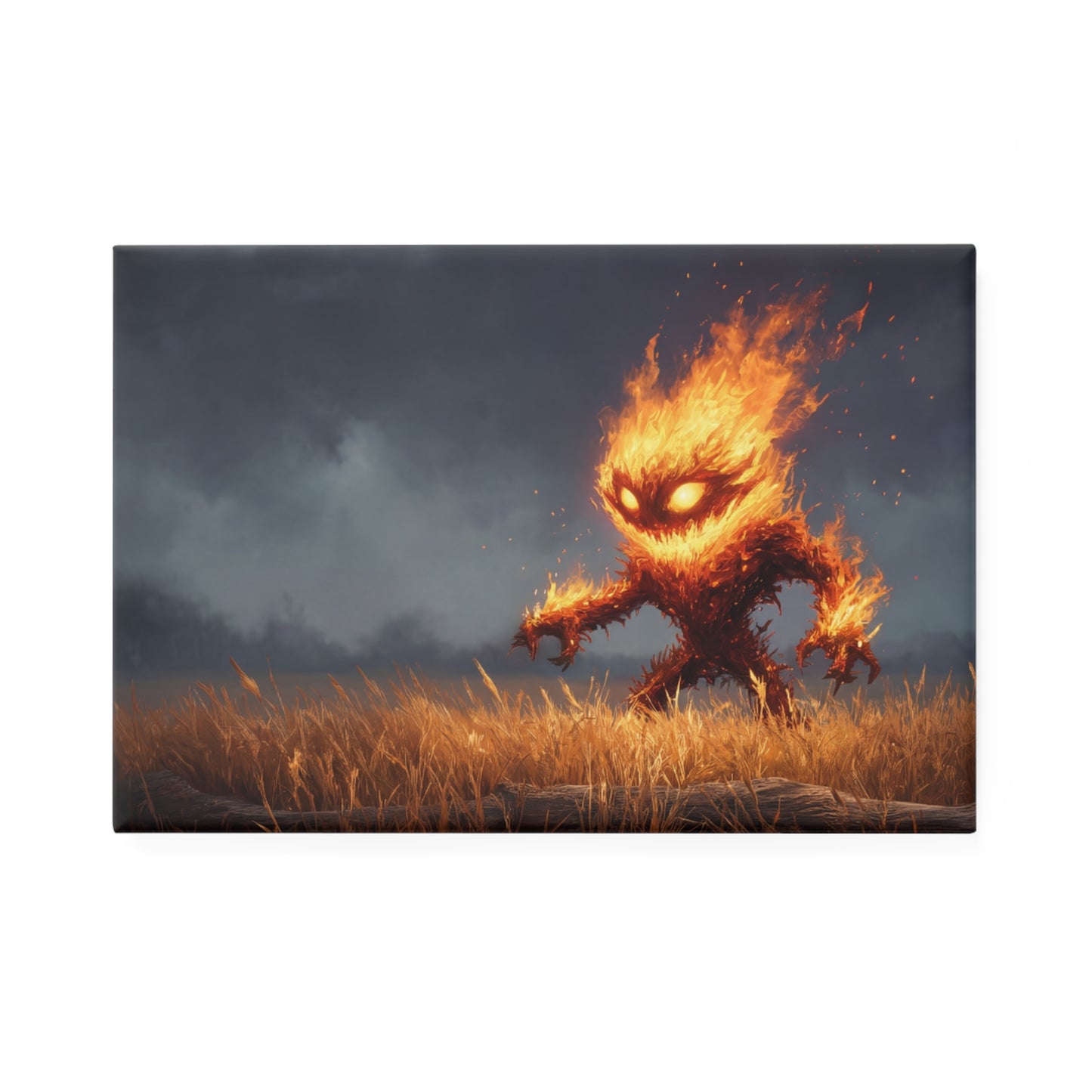 Fiery Elemental Spirit Button Magnet, Rectangle (1 & 10 pcs) – Glowing Ember Guardian in Stormlit Field