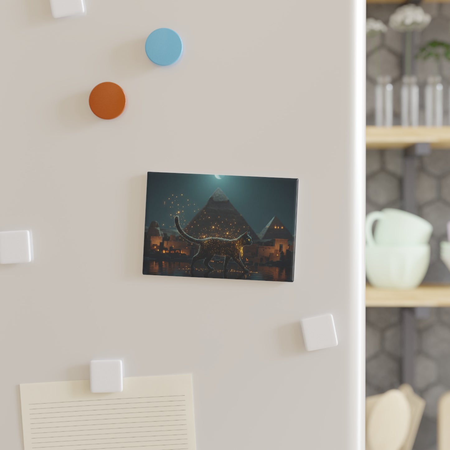 Starlight Cat by Pyramids Button Magnet, Rectangle (1 & 10 pcs) – Midnight Guardian of the Nile