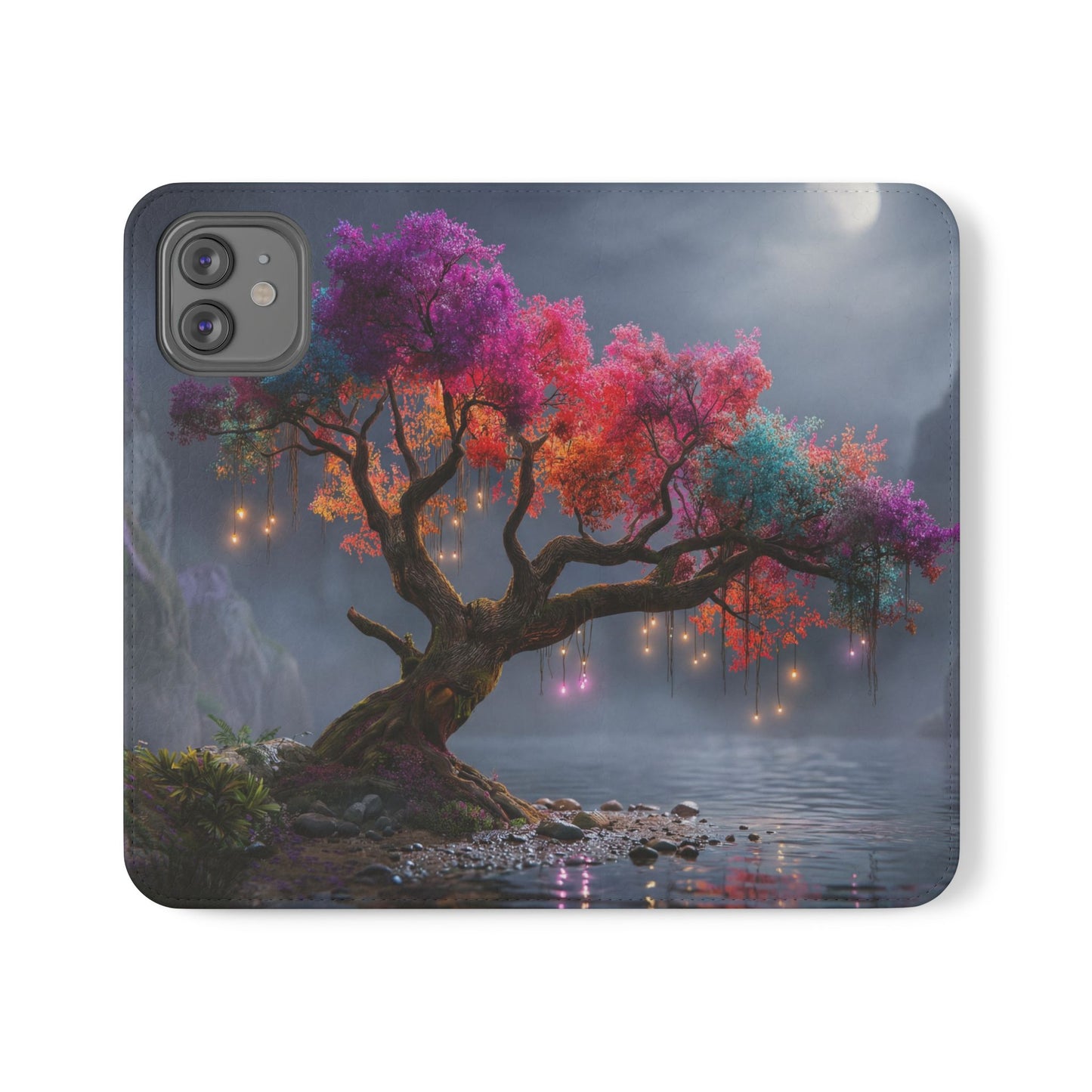 Chromatic Canopy Flip Cases – Rainbow Tree Moonlit Waterfall Scene