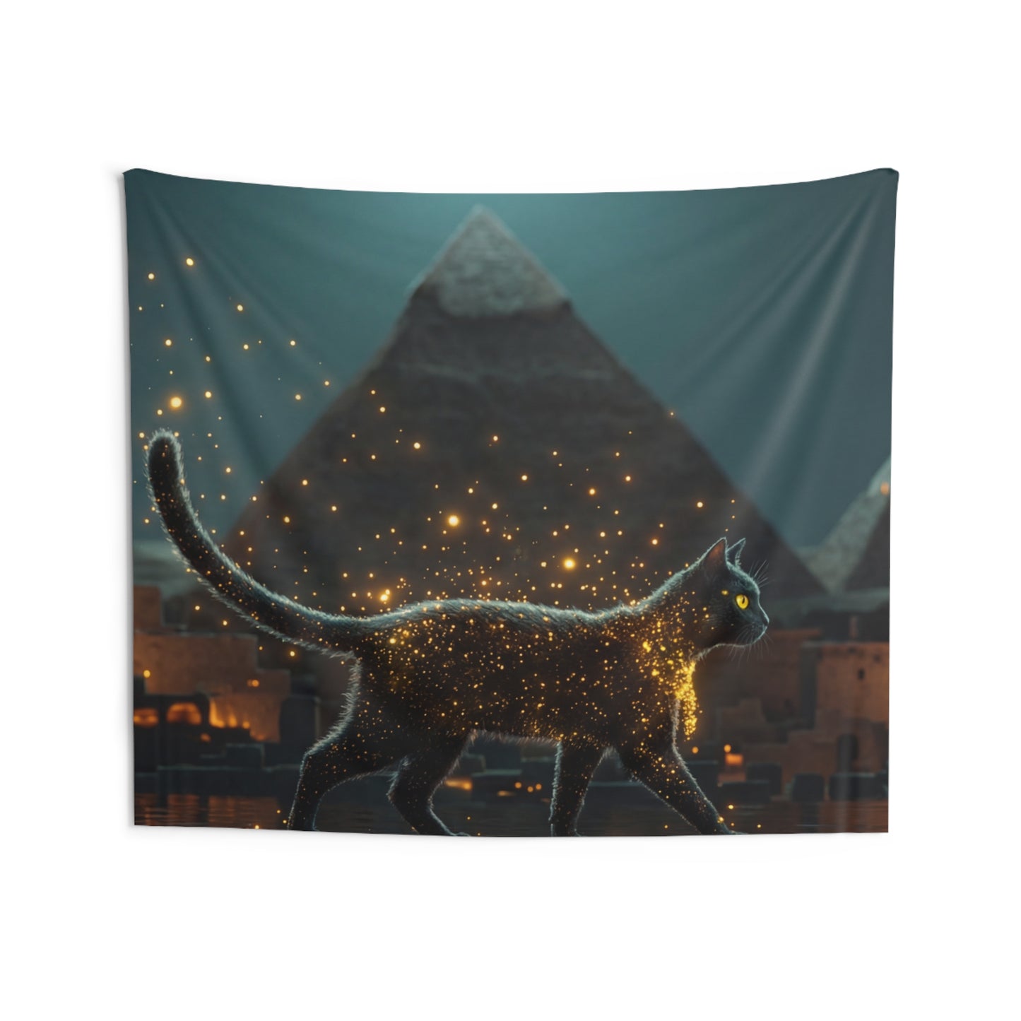 Starlit Cat by Pyramids Indoor Wall Tapestries – Midnight Magic in the Nile