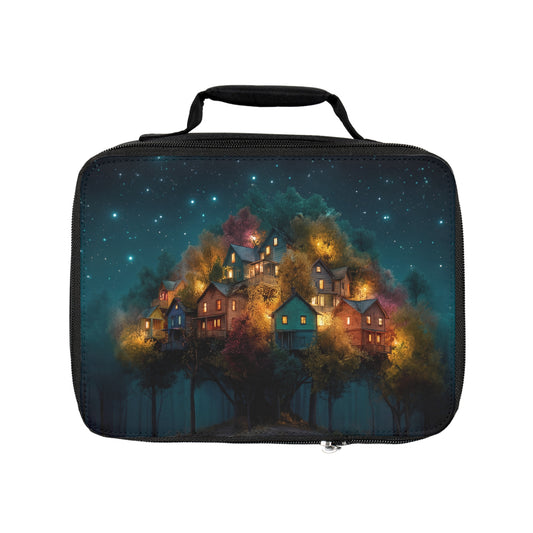 Starlit Hillside Cottage Lunch Bag – Warm Lights in the Twilight Woods