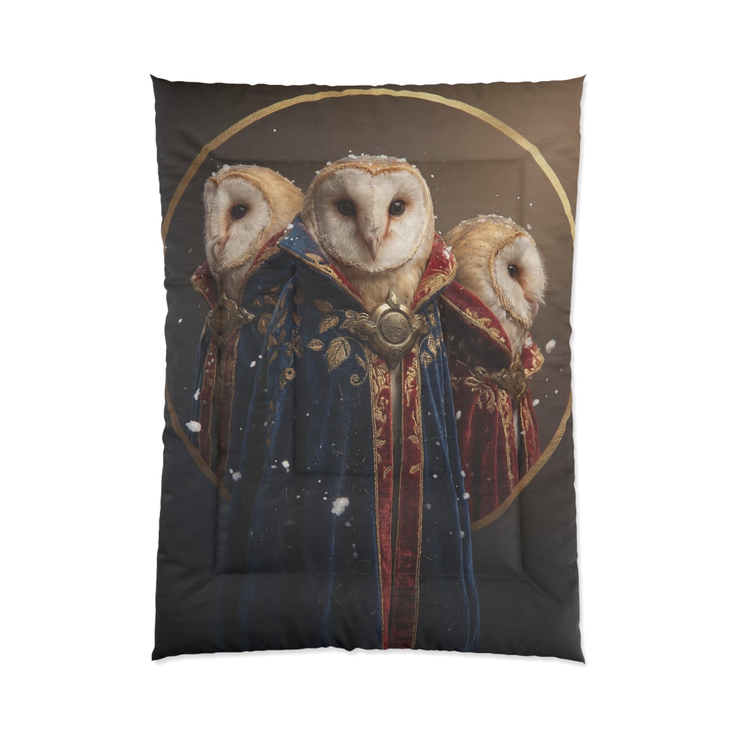Three Owls in Velvet Robes Comforter – Snow-Kissed Sentinel Portrait