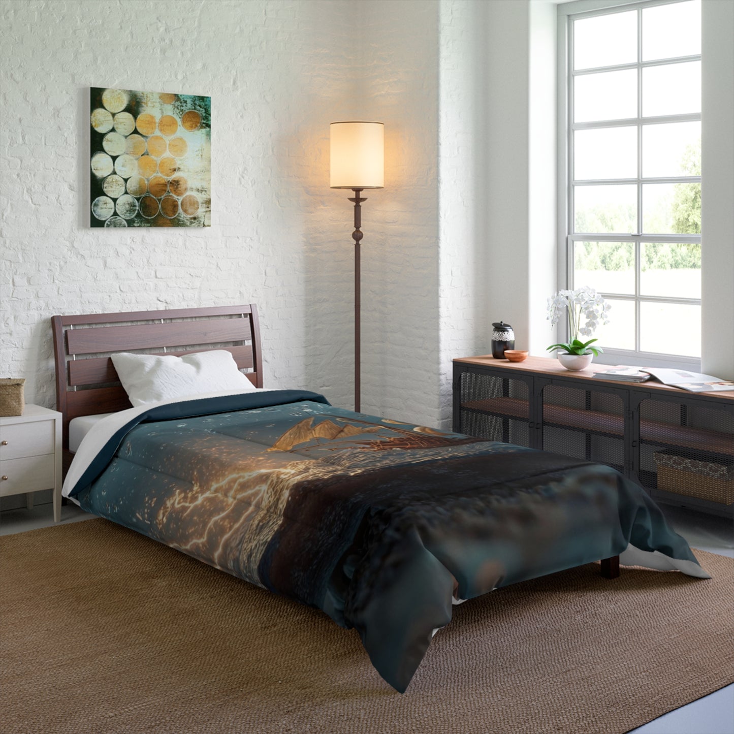 Storm-Sailed Ship in Bottle Comforter – Pocketed Seascape Sanctuary