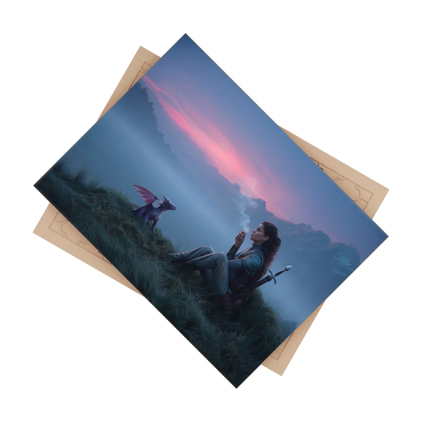 Warrior and Dragon Sunset Ceramic Photo Tile – Quiet Moments with a Companion