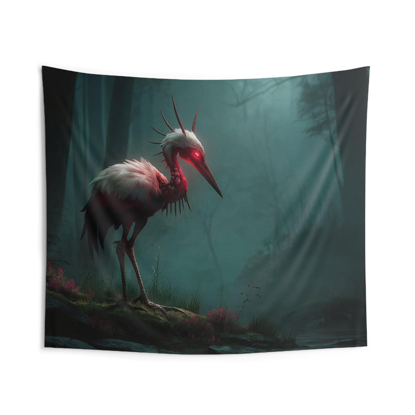 Crimson Sentinel Wall Tapestry – Forest Guardian in Misty Twilight