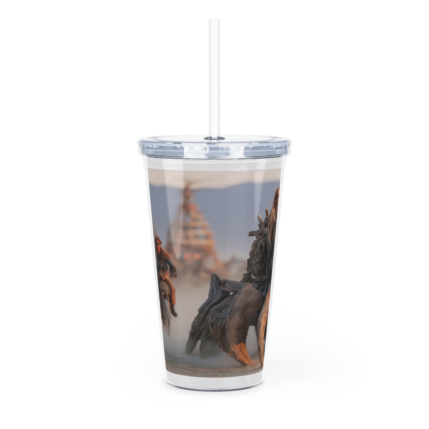 Desert Dragon Bike Tumbler with Straw – Sunset Ride Through Dusty Wasteland