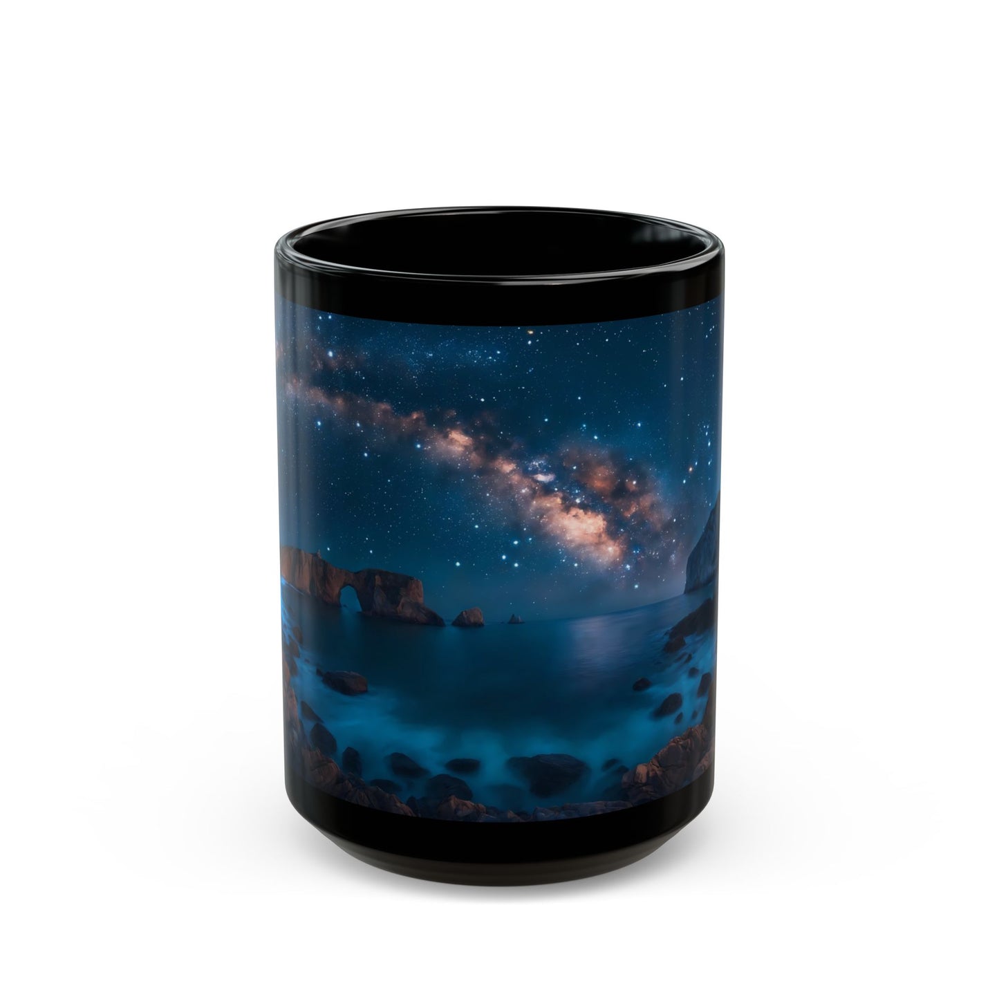 Celestial Archway Black Mug – Milky Way Over Moonlit Coastline