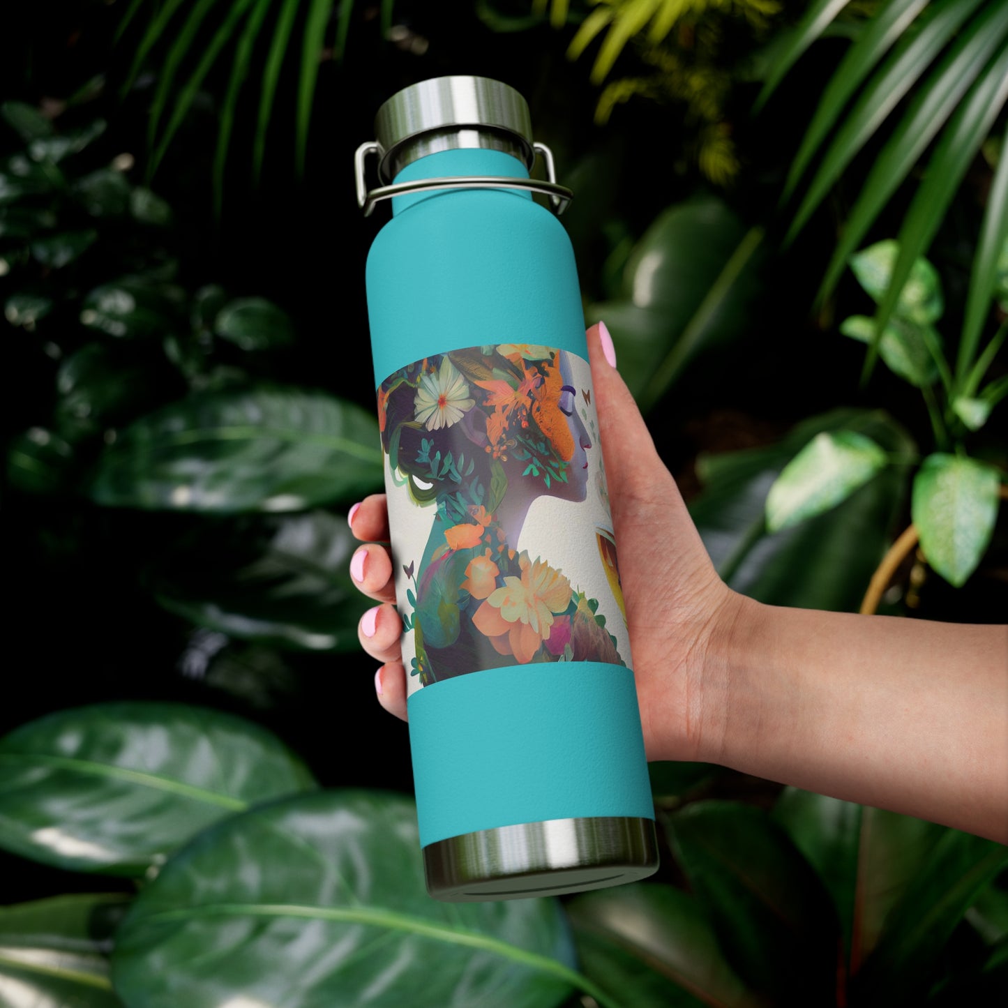 character design, double exposure shot, front profile of a beautiful tea faerie filled with a blooming amazonian jungle, happiness - Copper Vacuum Insulated Bottle, 22oz