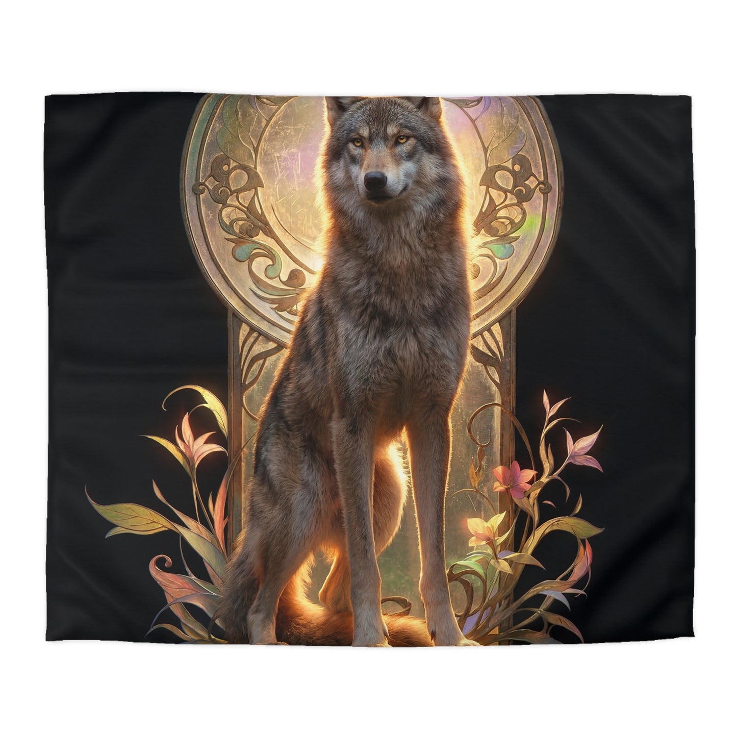 Regal Wolf Throne Duvet Cover – Golden Light Through Art Nouveau Arch