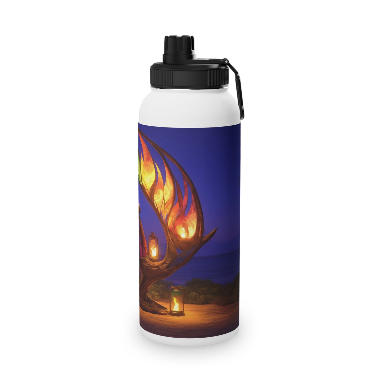Luminous Phoenix Arch Water Bottle – Twilight Sanctuary with Hanging Lanterns