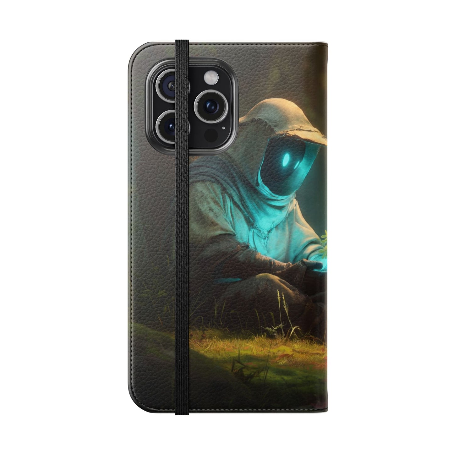 Glowing Orb Hooded Guardian Flip Cases – Bioluminescent Forest Keeper