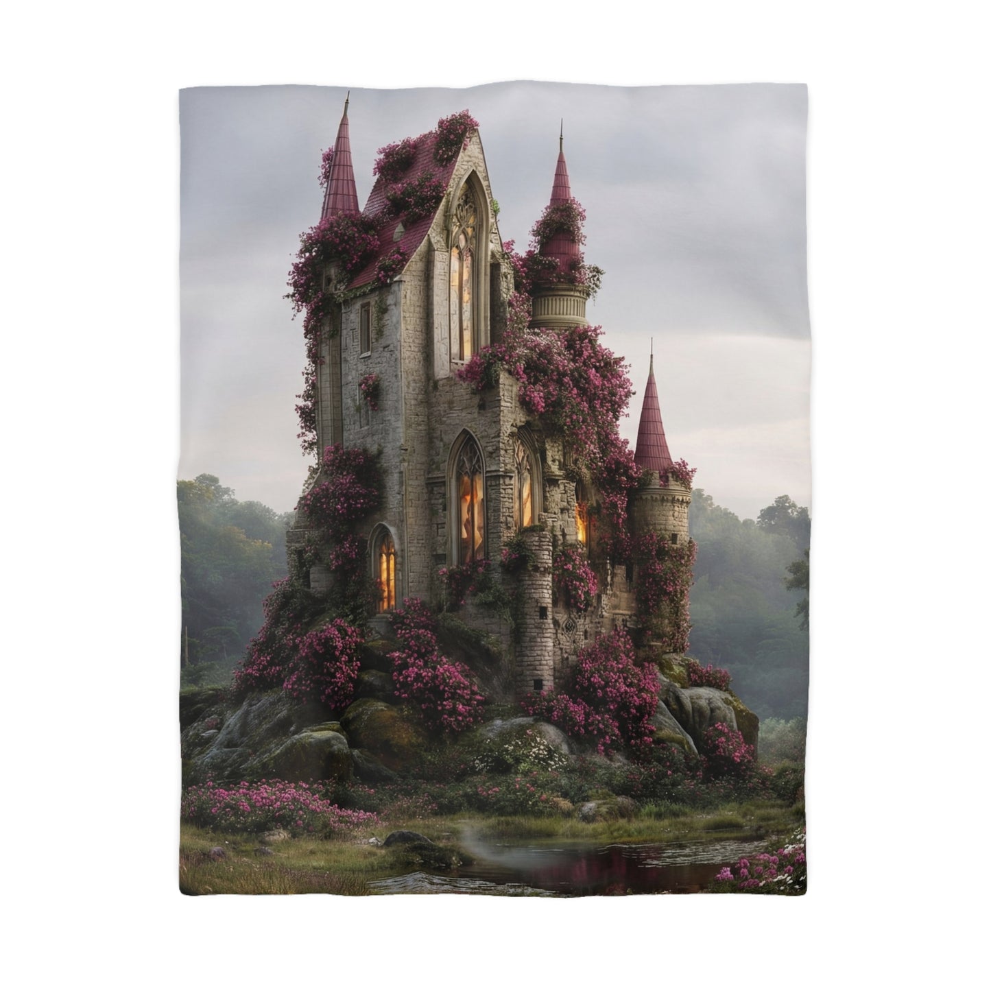 Rose-Covered Castle Microfiber Duvet Cover – Whispers of the Misty Vale