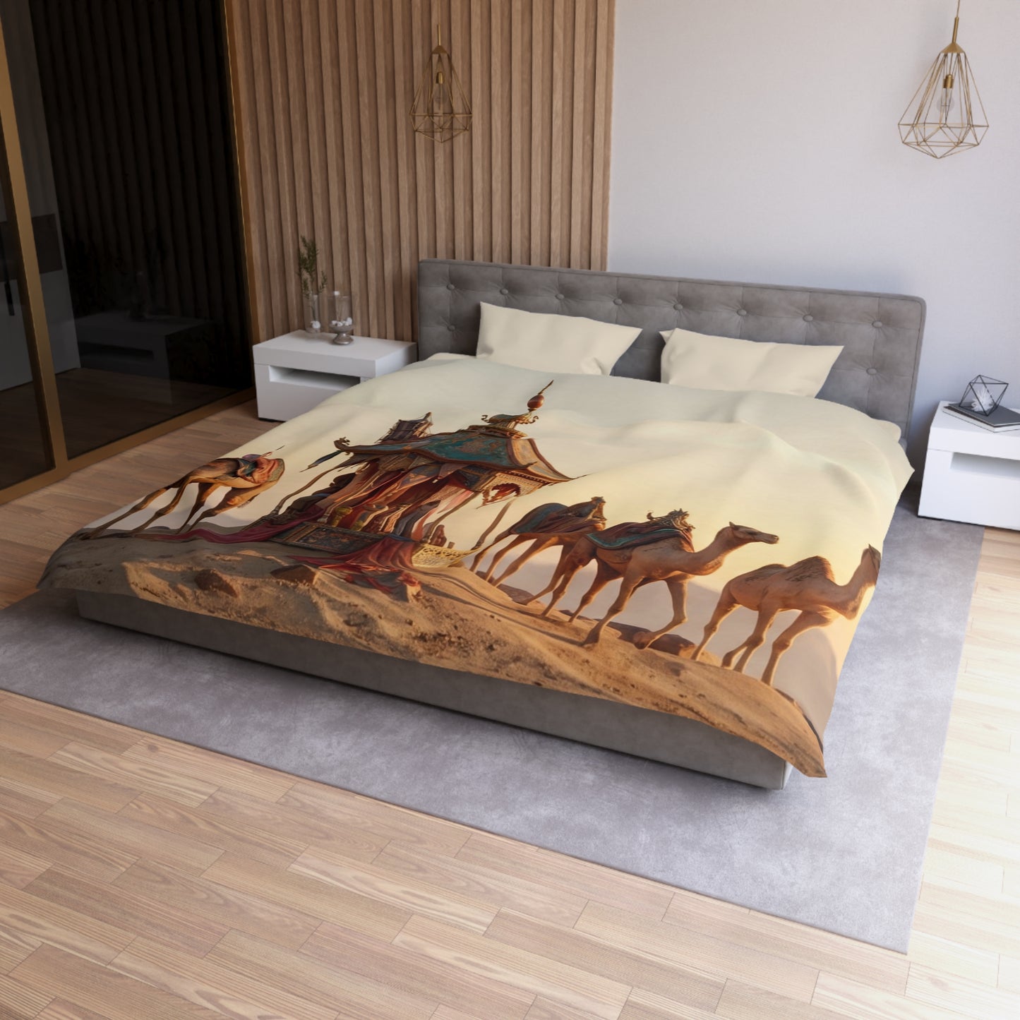 Desert Mirage Duvet Cover – Golden Dunes & Ornate Caravan