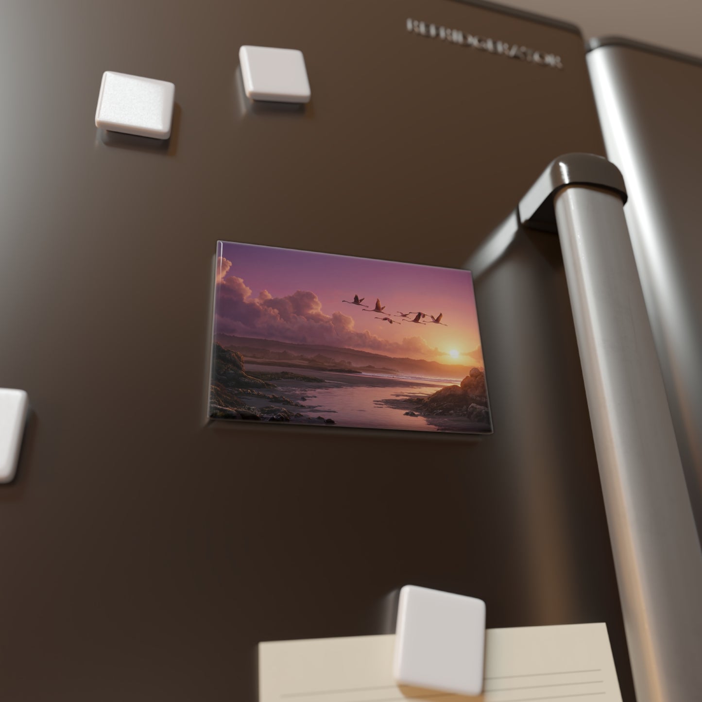 Flamingo Flight Button Magnet, Rectangle (1 & 10 pcs) – Sunset Serenade Over Saltwater Shores