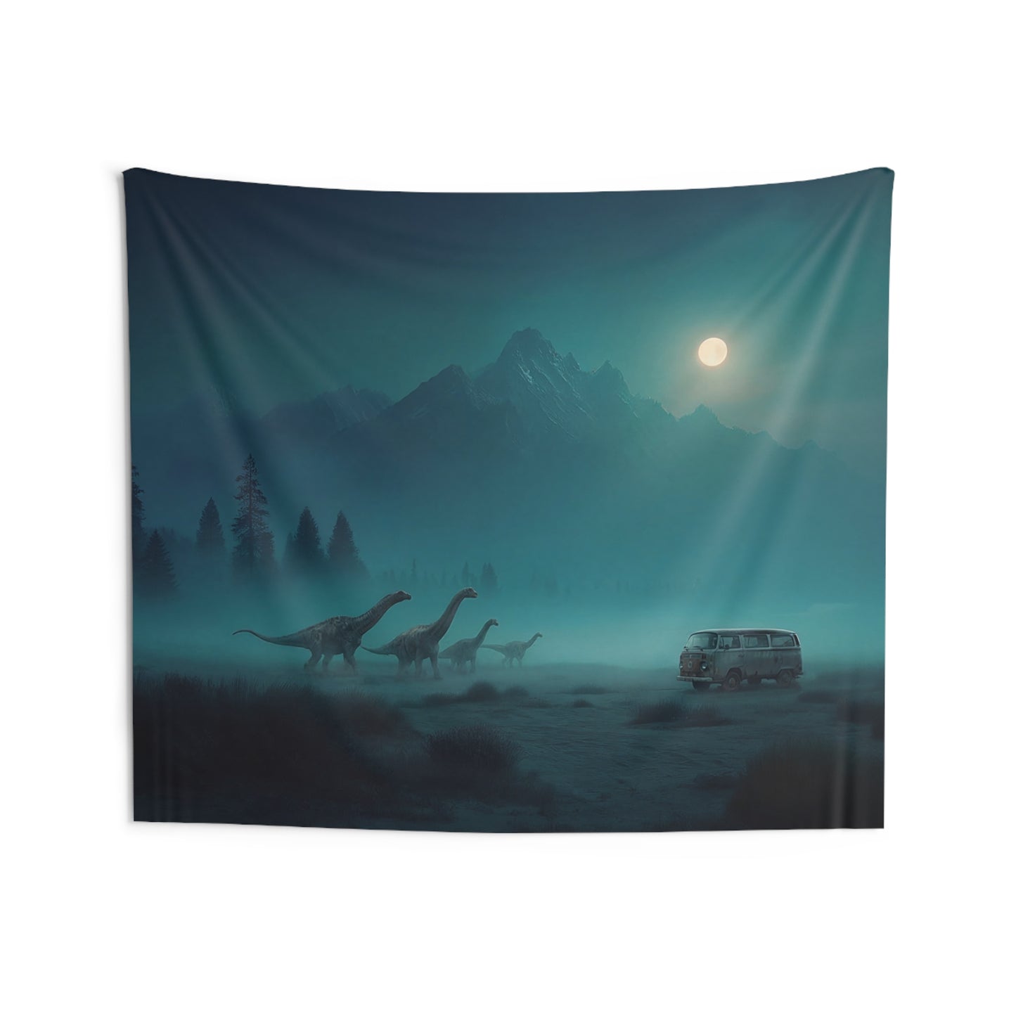 Vintage Van & Dinosaur Herd Wall Tapestry – Moonlit Frontier Dreamscape