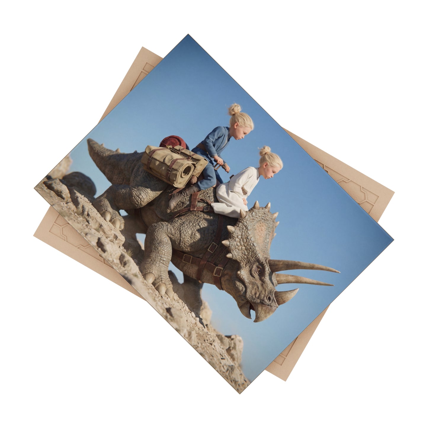 Twin Adventurers on Triceratops Ceramic Photo Tile – Dusty Desert Ride Under Clear Skies