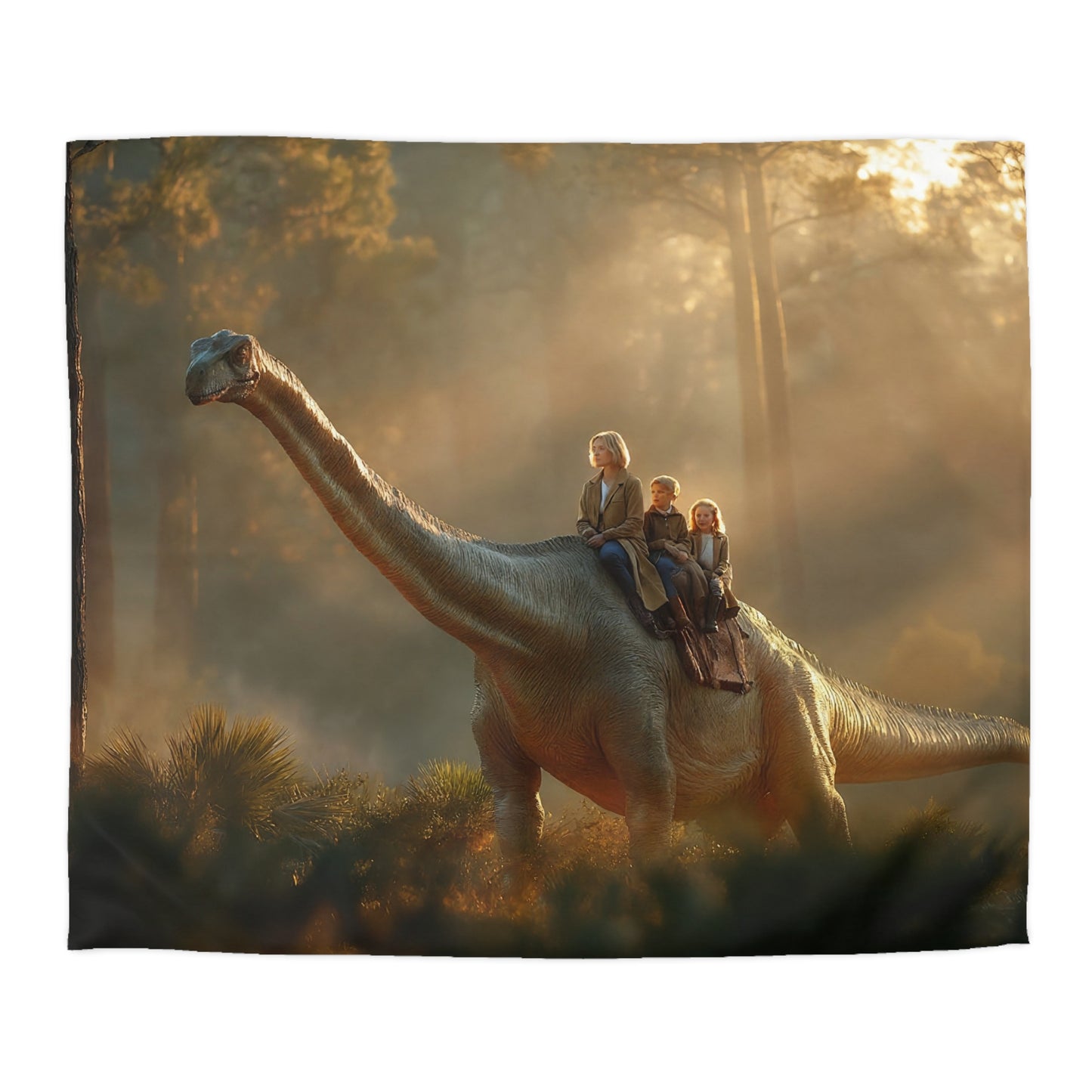 Dinosaur Rider Microfiber Duvet Cover – Golden Forest Journey with Gentle Giant