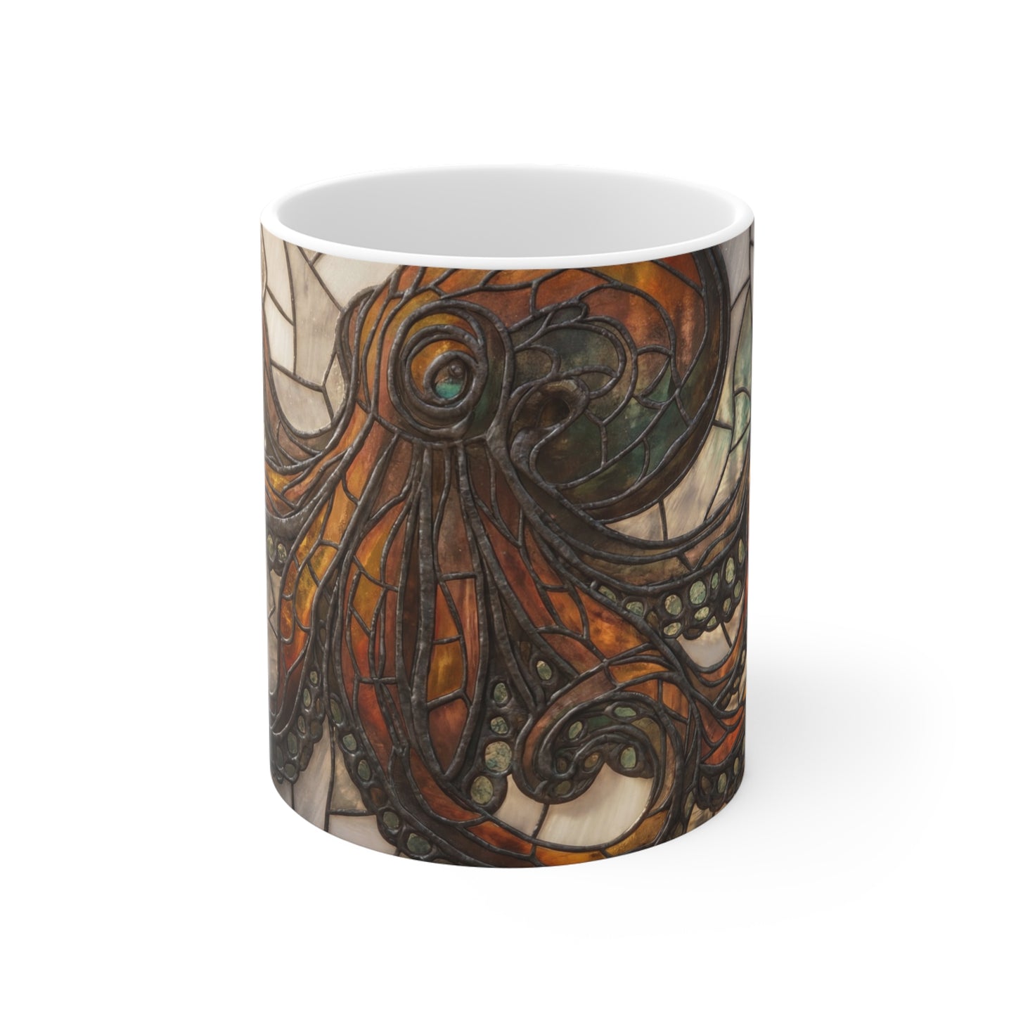 Art Nouveau Octopus Stained Glass Mug – Warm Amber Whirls on Deep Frame