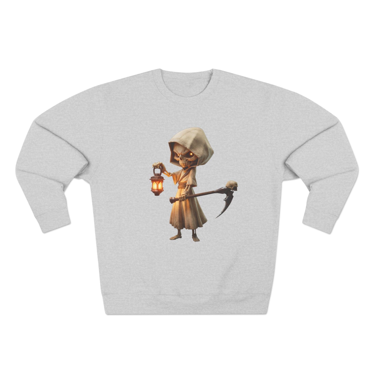 Lantern Bearer Hooded Skeleton Crewneck Sweatshirt – Warm Glow Guardian Art