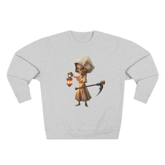Lantern Bearer Hooded Skeleton Crewneck Sweatshirt – Warm Glow Guardian Art