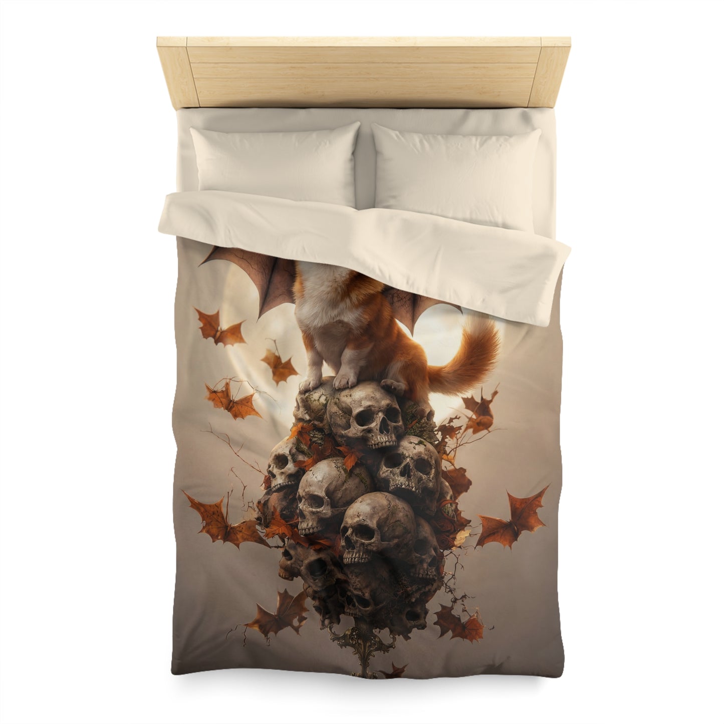 Bat-Winged Corgi Duvet Cover – Moonlit Skull Throne Dreamscape