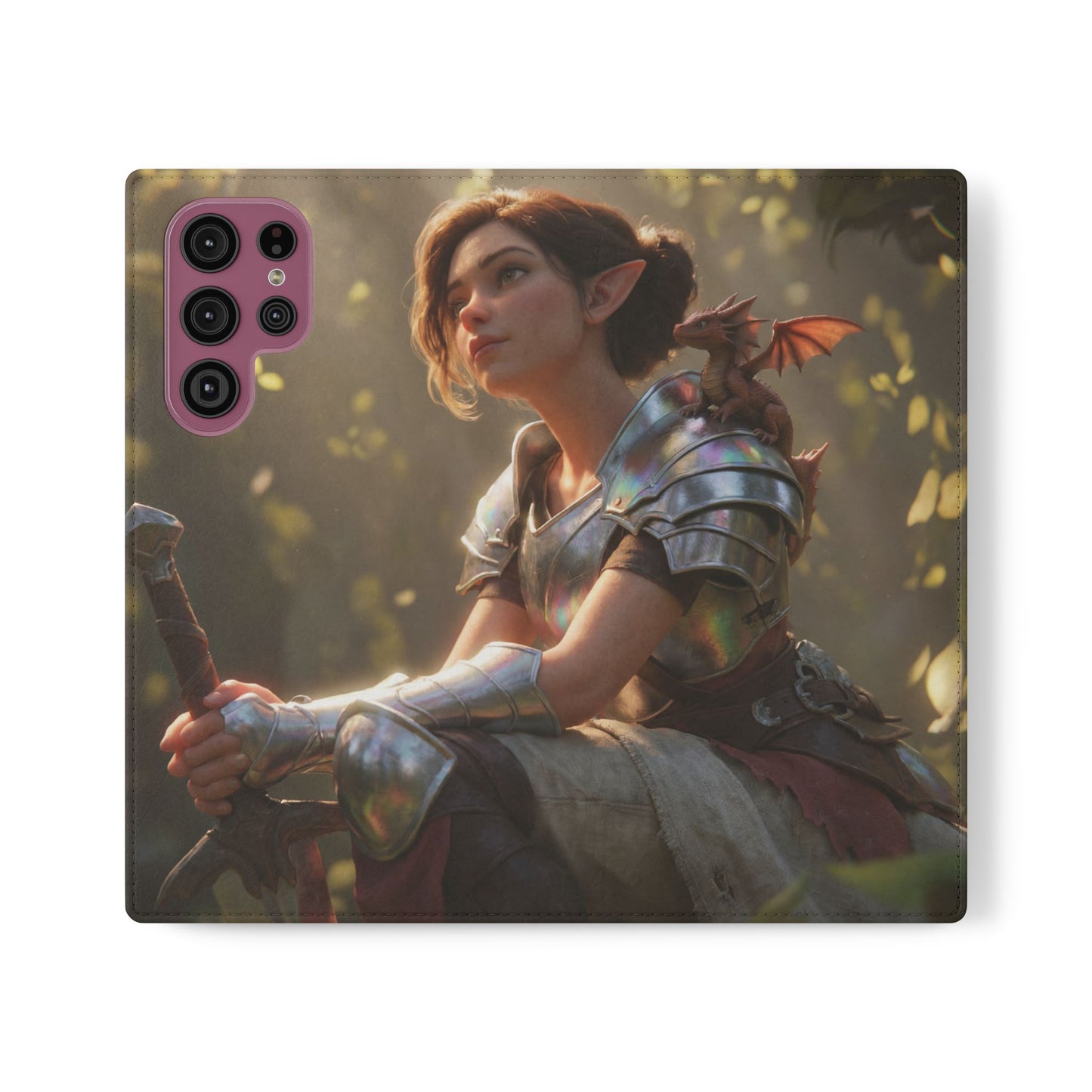 Elven Knight with Dragon Flip Cases – Iridescent Armor & Tiny Guardian Portrait